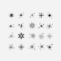 Minimalist silhouette stars icon, twinkle star shape symbols. Modern geometric elements, shining star icons, abstract sparkle black silhouettes symbol vector set