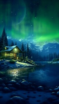 live wallpaper phone nature landscape wooden house with aurora, snow place, lake, pine tree video background looping 4k