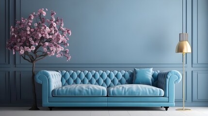 A blue luxury colored sofa in a blue color and pnk flowers walls living room mock up