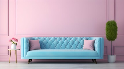 A blue pastel colored luxury sofa in a pink walls living room ,mock up