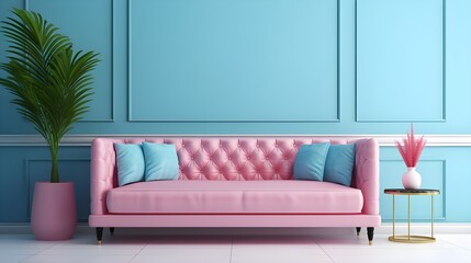 A pink pastel colored sofa in a pastel blue walls living room, mock up.