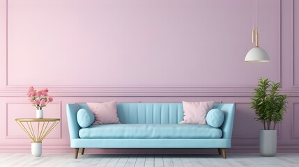 A blue pastel colored luxury sofa in a pink walls living room ,mock up