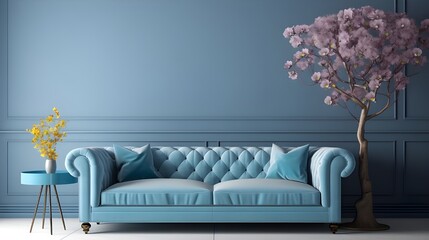 A blue luxury colored sofa in a blue color and pnk flowers walls living room mock up