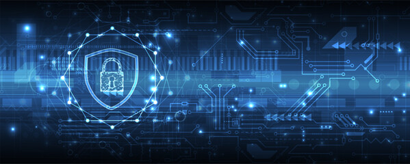 Fototapeta na wymiar internet digital security technology concept for business background. Lock on circuit board