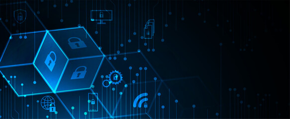 Obraz premium internet digital security technology concept for business background. Lock on circuit board