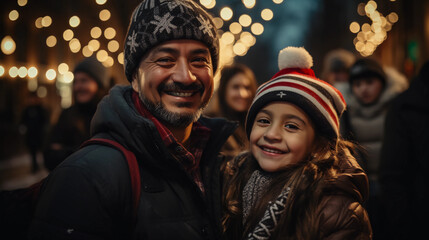 familias latinas con piel morena celebrando la navidad en una locacion exterior con grandes sonrisas y gorros en sus cabezas - obrazy, fototapety, plakaty