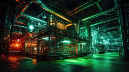 Industrial Manufacturing Plant Illuminated with Enchanting Neon Lighting