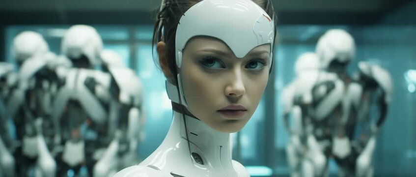 Medium shot of cyborg girl standing in hall in laboratory with robots in rows. Anamorphic 4k footage