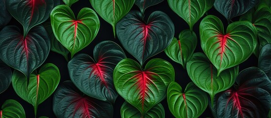 Red heart shaped flowers of Anthurium contrast beautifully with dark green leaves symbolizing hospitality against a natural backdrop