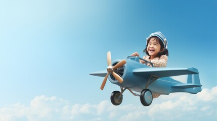 Asian little child flying with cardboard toy airplane handicraft on sky. Dreaming of future to pilot.