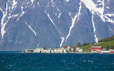 Foto op Aluminium Typical fjord landscape above the arctic circle with the Lyngenfjord and massive mountains © Photofex