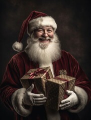 Fototapeta premium Happy Santa Claus holding gifts. Vertical frame