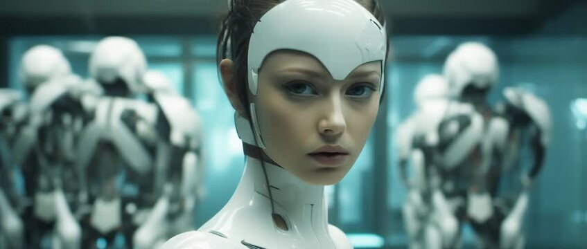 Medium shot of cyborg girl standing in hall in laboratory with robots in rows. Anamorphic 4k footage