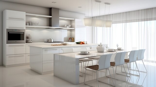 Luxury modern white kitchen and dinning room concept. AI generated image