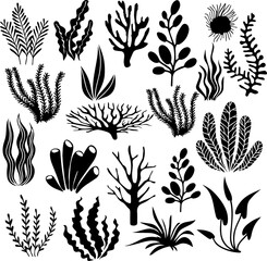 Collection of coral reefs underwater plants icon isolated on white background