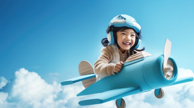 Asian little child flying with cardboard toy airplane handicraft on sky. Dreaming of future to pilot.