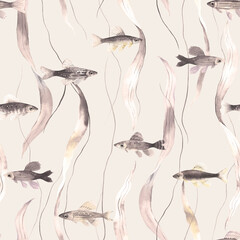 Animal seamless pattern with abstract fishes and seaweeds, watercolor illustration on delicate beige background for textile or wallpapers, hand drawn print.