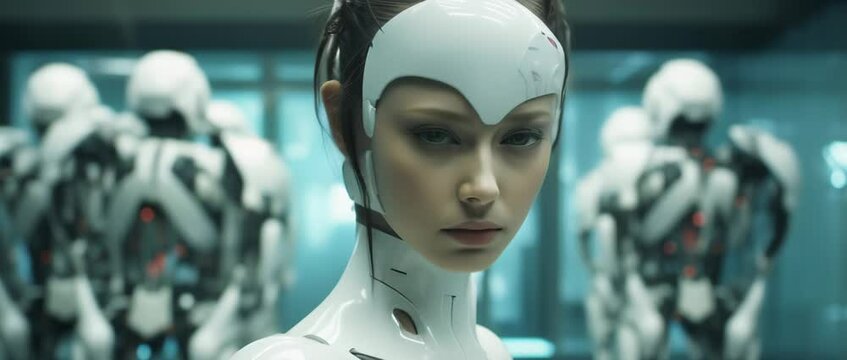 Medium shot of cyborg girl standing in hall in laboratory with robots in rows. Anamorphic 4k footage