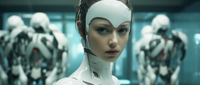 Medium shot of cyborg girl standing in hall in laboratory with robots in rows. Anamorphic 4k footage