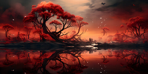 Fototapeta premium sunset on the lake. surreal dreamscape abstract landscape