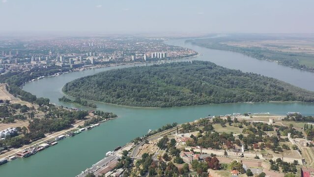 Aerial view of Great War Island and Danube river seen from Zemun, municipality of Belgrade, Serbia. Summer. 
