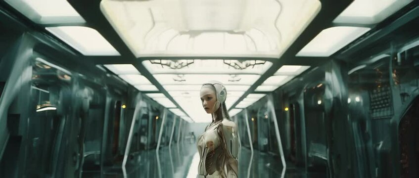 Medium shot of cyborg girl standing in hall in laboratory. Anamorphic 4k footage