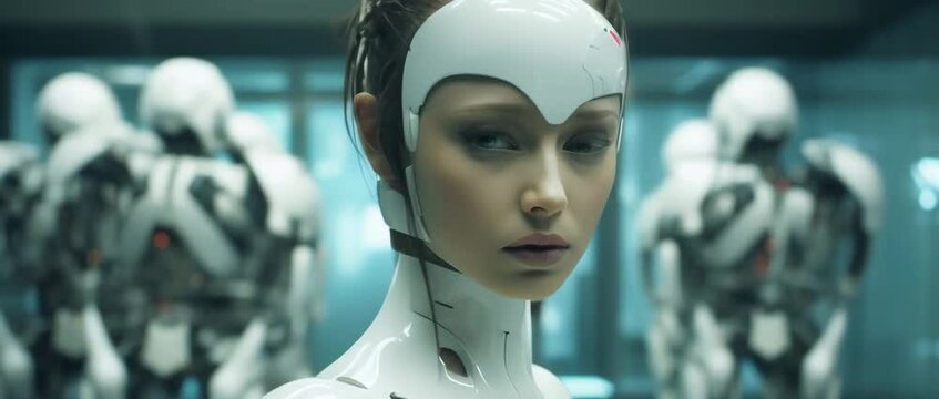 Medium shot of cyborg girl standing in hall in laboratory with robots in rows. Anamorphic 4k footage