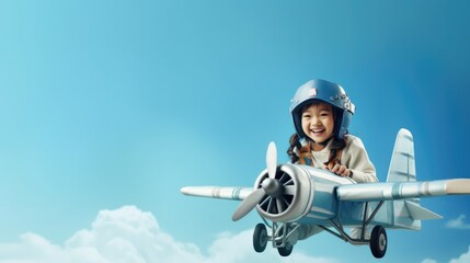 Asian little child flying with cardboard toy airplane handicraft on sky. Dreaming of future to pilot.