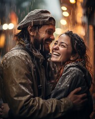 Obraz premium romantic couple relax hug embrace happiness joyful moment love marry couple standing in the rain cheerful joyful happiness together outdoor sunset raining season