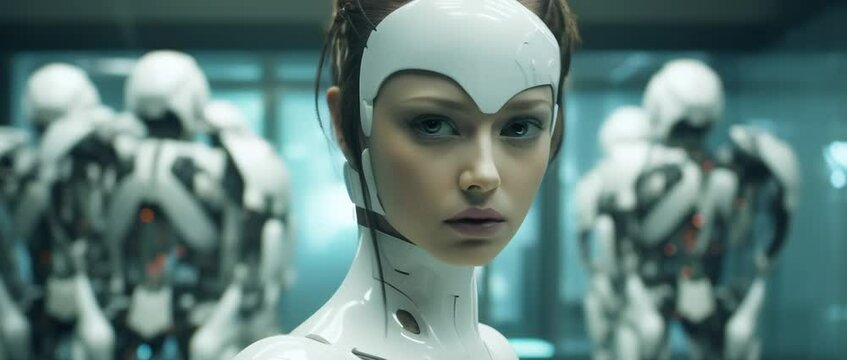 Medium shot of cyborg girl standing in hall in laboratory with robots in rows. Anamorphic 4k footage