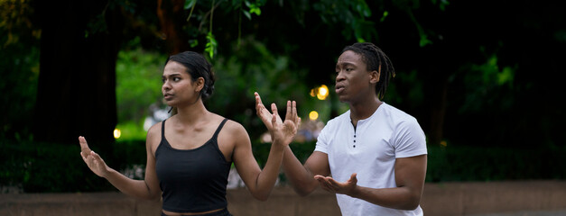 young black couple scream at each other, upset annoyed people, marriage crisis