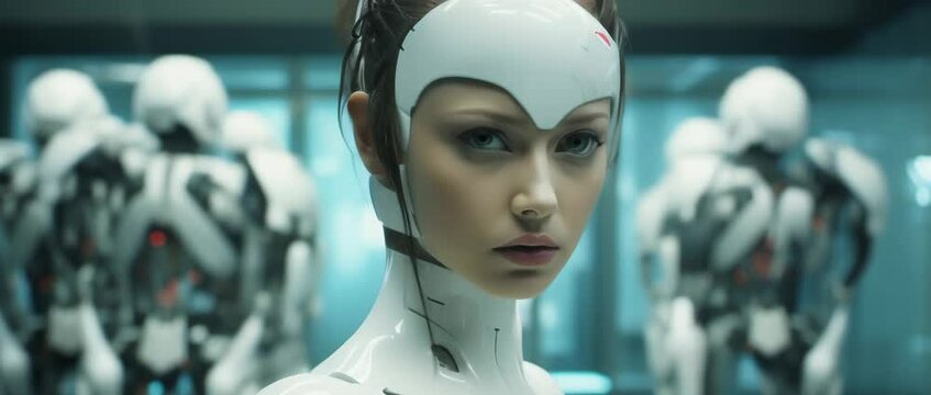Medium shot of cyborg girl standing in hall in laboratory with robots in rows. Anamorphic 4k footage