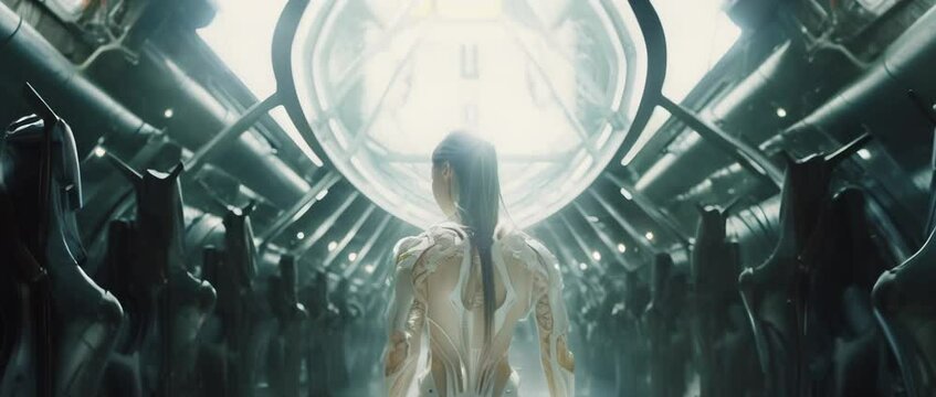 Medium shot of cyborg girl standing in hall in laboratory. Anamorphic 4k footage