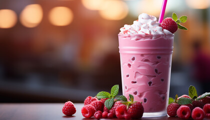 Refreshing summer milkshake with raspberry, strawberry, and chocolate ice cream generated by AI - obrazy, fototapety, plakaty
