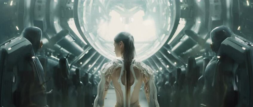Medium shot of cyborg girl standing in hall in laboratory. Anamorphic 4k footage
