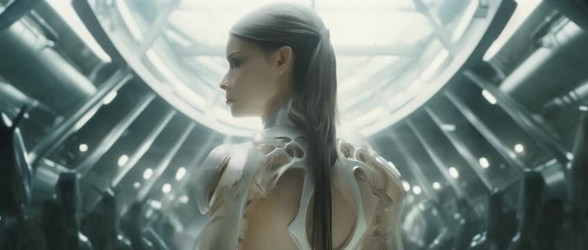 Medium shot of cyborg girl standing in hall in laboratory with robots in rows. Anamorphic 4k footage
