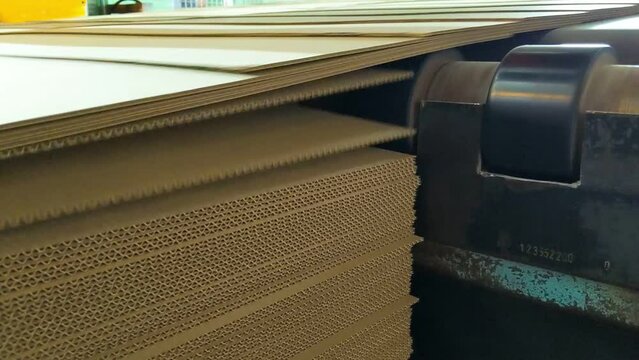 Stacker. Production of corrugated cardboard. Corrugated sheets are automatically stacked, ready to be moved directly to the conversion machine or to another converting plant.
