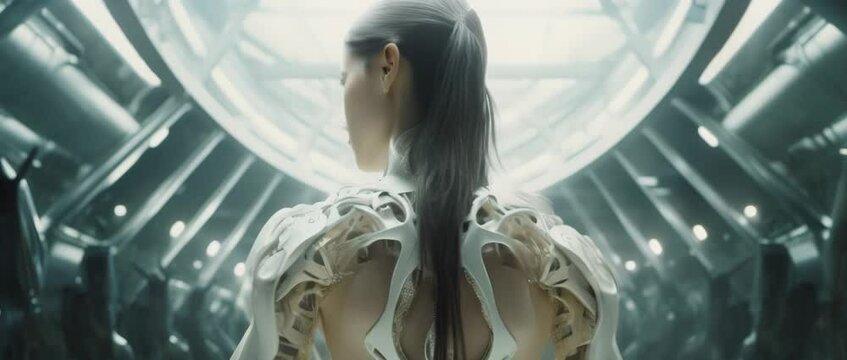 Medium shot of cyborg girl standing in hall in laboratory with robots in rows. Anamorphic 4k footage