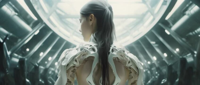 Medium shot of cyborg girl standing in hall in laboratory with robots in rows. Anamorphic 4k footage