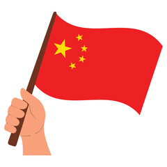 National Day of the People's Republic of China holiday postcard.The hand holds chinese flag waving.Vector flat illustration.