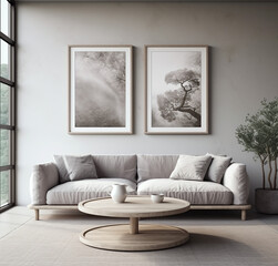 an interior with a modern sofa wall decor and two frame