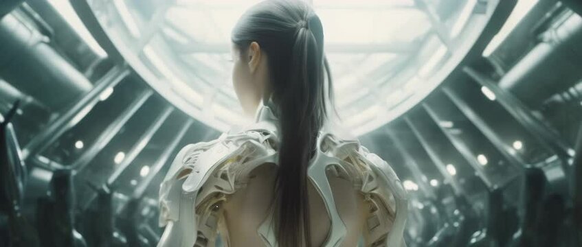 Medium shot of cyborg girl standing in hall in laboratory with robots in rows. Anamorphic 4k footage