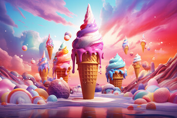 Ice Cream fantasy world, Cartoon illustration of a big ice cream waffle cone surrounded by colorful creamy elements. Creative Ice cream banner advertising concept. Imaginary ice cream world wallpaper. - obrazy, fototapety, plakaty