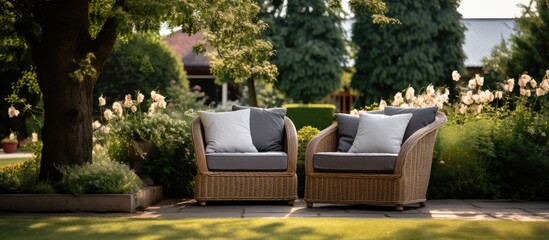 Grey pillows on comfortable wicker furniture in a lovely backyard garden - obrazy, fototapety, plakaty