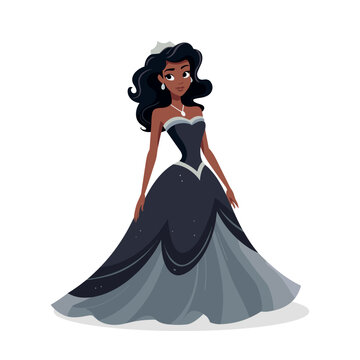 Beautiful fairytale black princess on white background. Cute cartoon princess with long dress. Children's illustration. Vector stock
