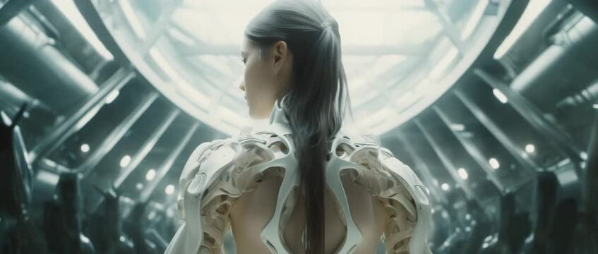 Medium shot of cyborg girl standing in hall in laboratory with robots in rows. Anamorphic 4k footage