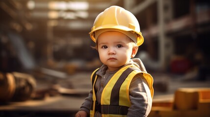 Cute little architect holding blueprints on construction site background. Dreaming of future.