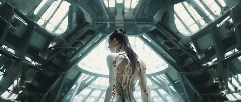 Medium shot of cyborg girl standing in hall in laboratory. Anamorphic 4k footage