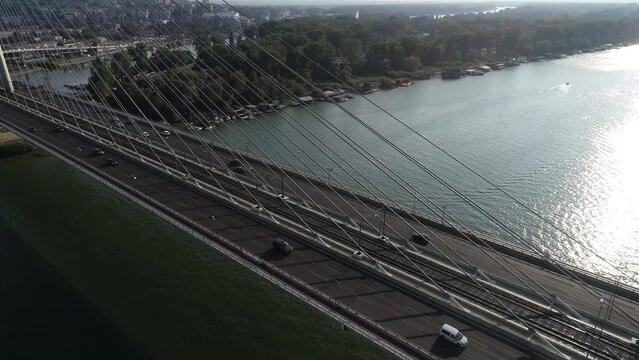 Aerial view of Ada bridge over the Sava river in Belgrade, Serbia. Summer
