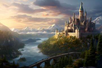 Medieval fantasy castle landscape.